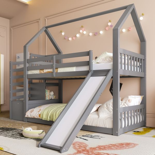 Etagenbett mit Stauraumtreppe und Rutsche, Hausbett(Ohne Matratze), Kinderbett mit Geländer, geeignet für Kinder, Jugendliche, 90x200cm, Grau