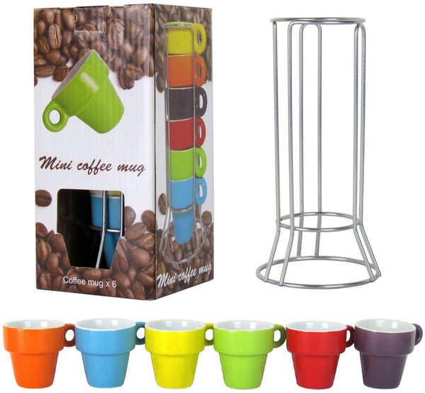 Out of the Blue Espressotasse 7-teiliges Espresso-Set für 6 Personen, 6 Stück bunte Espressotassen aus Steingut inkl. Metallhalterung