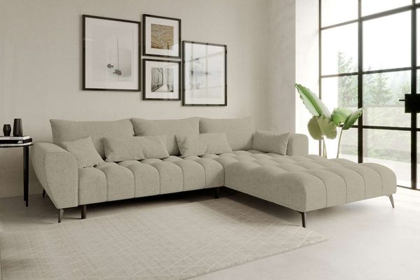99rooms Ferrano Ecksofa Chenille EDEN Creme Rechts mit Sitztiefenverstellung
