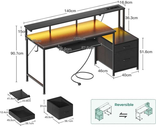 Coleshome Schreibtisch mit Schubladen 140x48cm Schwarz Umkehrbarer Computertisch Bild 3