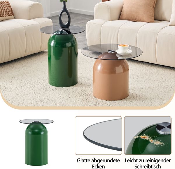 Flieks Runder Glas-Couchtisch 2 Set, Ø50 + Ø40 cm mit Sockel, moderner Wohnzimmertisch aus gehärtetem Glas & Metall, Grün + Hellbraun Bild 8