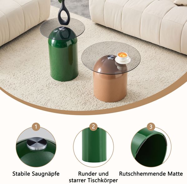 Flieks Runder Glas-Couchtisch 2 Set, Ø50 + Ø40 cm mit Sockel, moderner Wohnzimmertisch aus gehärtetem Glas & Metall, Grün + Hellbraun Bild 6