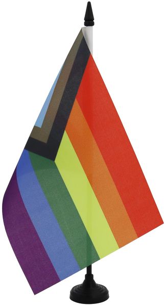 AZ FLAG - LGBT Tischflagge, Regenbogen, Einschlug, 21x14 cm – kleine Pride-Flagge, 100% Polyester, mit 25 cm Fahne und Sockel aus schwarzem Kunststoff