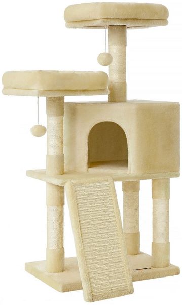 FEANDREA Kratzbaum klein, Katzenbaum mit Kratzbrett, Plattformen, für Katze, weicher Plüsch, 115 cm, vollständig mit Sisal umwickelte Säule, beige