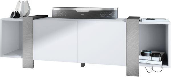 Vladon Lowboard Ida 149 x 45,5 x 34 cm TV-Board mit 4 Fächern und PTO-Türen, Korpus in Weiß matt, Blenden in Scratchy Metal