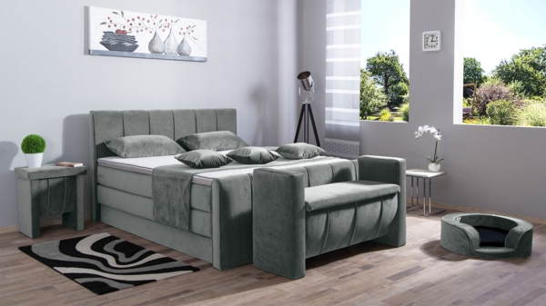 Meisterbetten Boxspringbett Roki 140x200 in VS-Silbergrau, Matratzenbezug Nano, Ergoflex-Topper, mit Fussteil