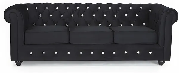 3-Sitzer-Sofa CHESTERFIELD - Samt - Schwarz mit Knöpfen in Kristalloptik