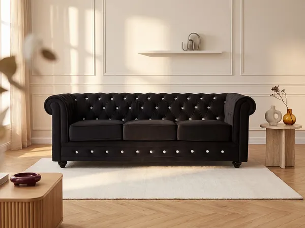 3-Sitzer-Sofa CHESTERFIELD - Samt - Schwarz mit Knöpfen in Kristalloptik