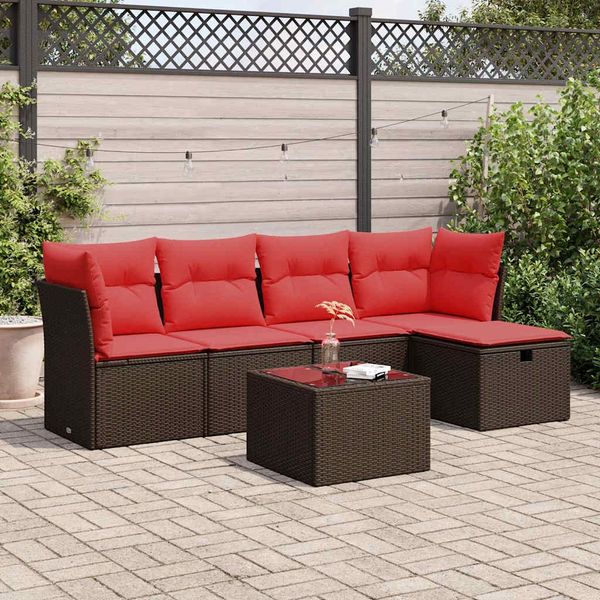 vidaXL 6-tlg. Garten-Sofagarnitur mit Kissen Braun Poly Rattan 3325280