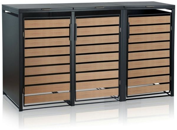 Zelsius Mülltonnenbox Set für drei Mülltonnen, Anthrazit RAL 7016, Tür in Holzoptik