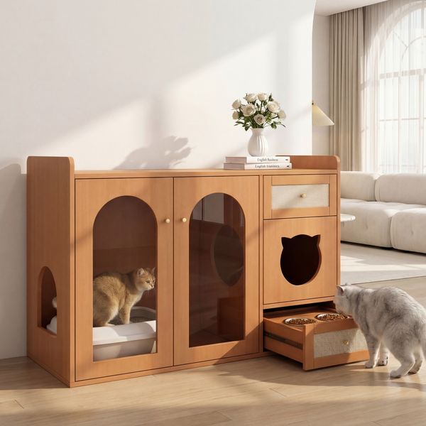 Katzenkloschrank B 120 x T 45 x H 76 cm, MDF und Glas, 5-in-1 in Nussbaum-Optik
