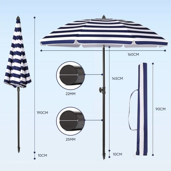 Sekey Sonnenschirm Ø160 cm Sonnenschirm UV50+ Balkonschirm mit Tragetasche und Bodenhülse, LxB: 160,00x160,00 cm, Neigungswinkel und Höhe verstellbar,für Balkon, Garten, Terrasse
