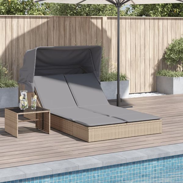 vidaXL Doppel-Sonnenliege mit Dach und Auflagen Beige Poly Rattan 368640