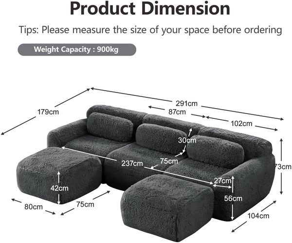 Modulares Ecksofa in U-Form, variabel als 3-Sitzer H 73 x T 291 x B 179 cm aus Plüschstoff Bild 5