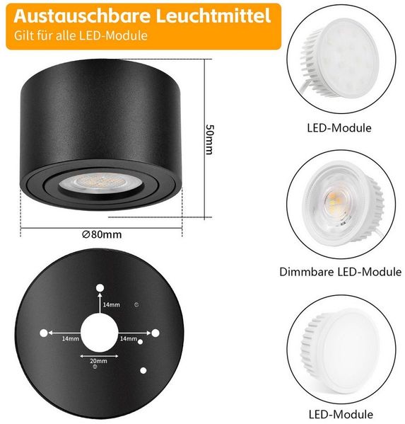 GeyouLux LED Aufbaustrahler LED Aufbauspot, Aufbaustrahler, Deckenspots Ø80x50 mm Rund, Warmweiß, LED Modul 230V 30° Schwenkbar Extra Flach Aufputz Spots 6 Stück