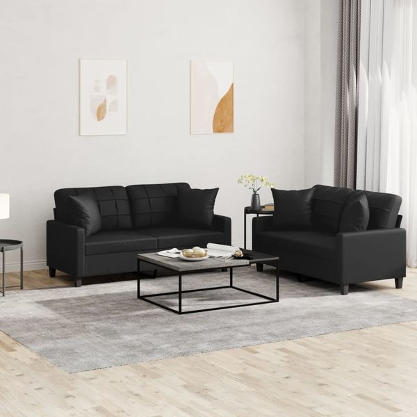 vidaXL 2-tlg. Sofagarnitur mit Kissen Schwarz Kunstleder 3201368