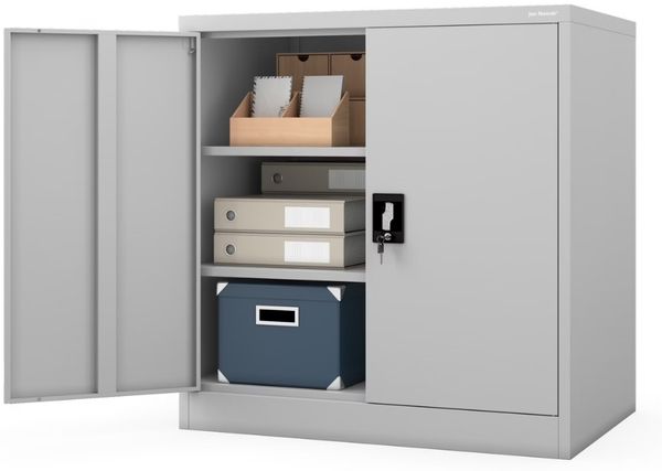 Aktenschrank abschließbar BEATA - 3 Ebenen verstellbar, Flügeltüren | Metallschrank Werkstatt Mehrzweckschrank Büroschrank aus Stahl Werkzeugschrank, 93x90x60cm Grau