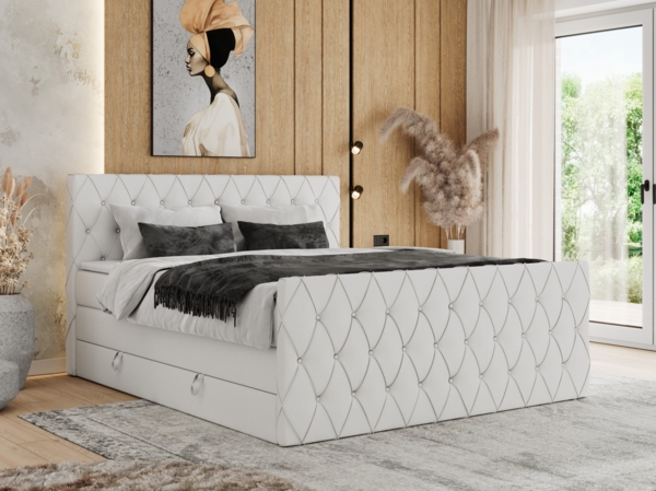 Boxspringbett, Doppelbett mit Fußteil, Multipocket-Matratzen und Topper, gestepptes Kopfteil und Front - MIREN KING DUO - 200 x 200 cm - Weiß Kunstleder - H4