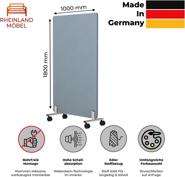 Rheinland Möbel FocusWall STWR1018 – Akustik-Stellwand 1000×1800 mm in Stofffarbe Rum inkl. Rollen – Mobile Schreibtisch-Trennwand für Büro & Homeoffice – Schallschutz – Made in Germany Bild 2