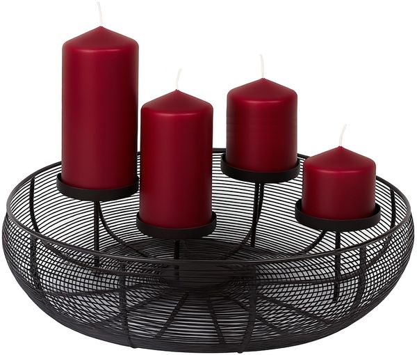 BURI Adventskranz Metallschale Schwarz Ø 36 cm | Moderner Adventskranz aus Drahtgeflecht mit 4 Kerzenhaltern | Adventskorb | Stilvolle Weihnachtsdeko inkl. 4 bordeauxfarbene Stumpenkerzen