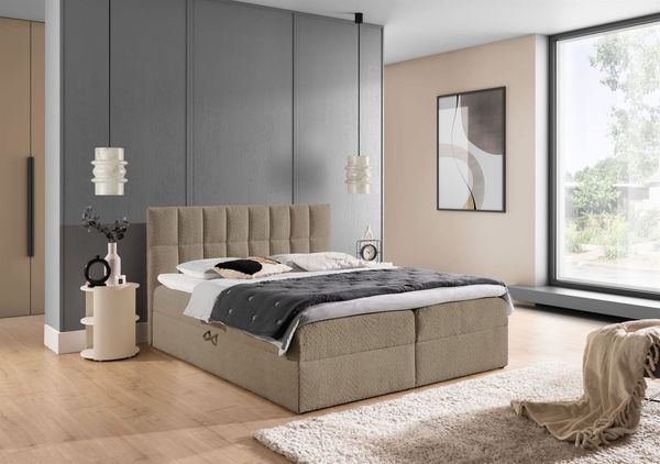 Boxspringbett Schlafzimmerbett DOMINGA PREMIUM 140x200cm Stoff Coral Dunkelbeige