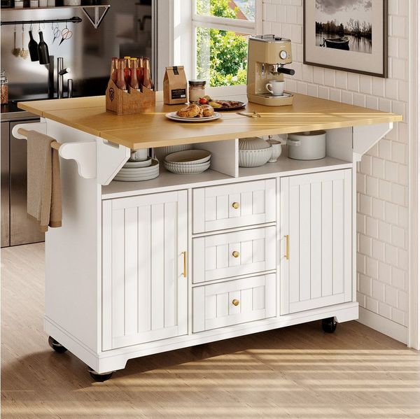 i@home Küchenwagen Kücheninsel, Schrank, Buffetschrank,120 x 40 (80) x 95 cm, ausziehbarer, mit zwei Türen und drei Schubladen, schwarz/weiß