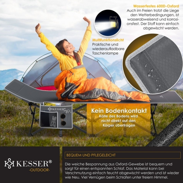 KESSER® Campingbett Feldbett Klappbar Klappbett Campingliege inkl. Tragetasche + Seitentasche Stabiles Feldbett 250kg Belastbar Metallrohr 600D Oxfordgewebe Tragbar Liege Reise Bequem Anthrazit, 190 cm Bild 2