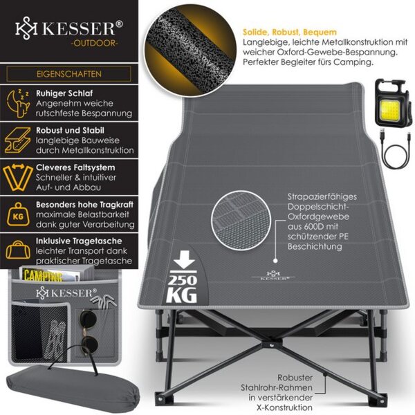 KESSER® Campingbett Feldbett Klappbar Klappbett Campingliege inkl. Tragetasche + Seitentasche Stabiles Feldbett 250kg Belastbar Metallrohr 600D Oxfordgewebe Tragbar Liege Reise Bequem Anthrazit, 190 cm Bild 4