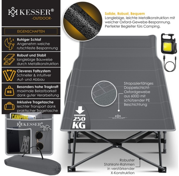 KESSER® Campingbett Feldbett Klappbar Klappbett Campingliege inkl. Tragetasche + Seitentasche Stabiles Feldbett 250kg Belastbar Metallrohr 600D Oxfordgewebe Tragbar Liege Reise Bequem Anthrazit, 190 cm Bild 3