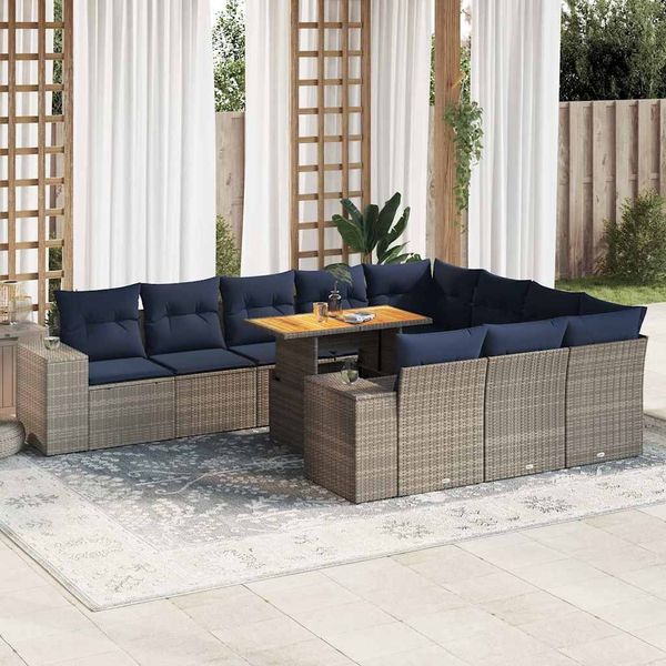 vidaXL 11-tlg. Garten-Sofagarnitur mit Kissen Grau Poly Rattan 3327428