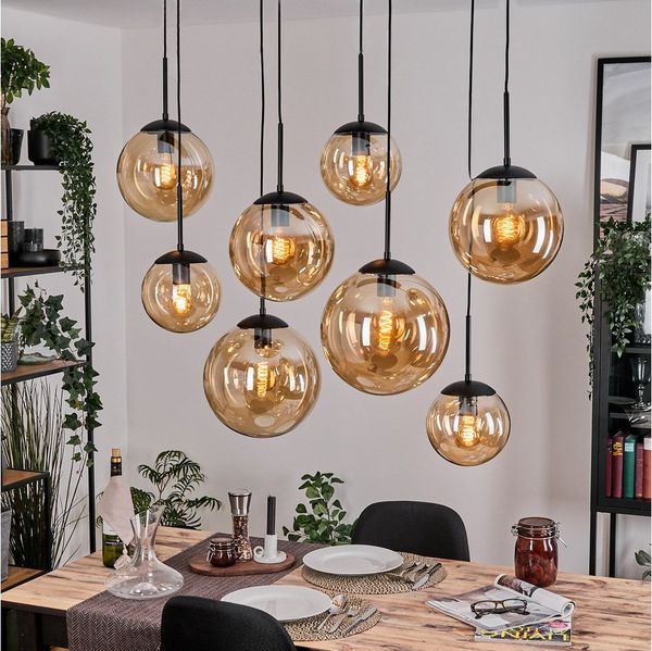 hofstein Hängeleuchte Hängelampe aus Metall/Glas in Schwarz/Bernsteinfarben, ohne Leuchtmittel, moderne Pendelleucht im Retro/Vintage-Design (20, 25, 30 cm), 8x E27