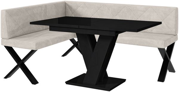 MEBLINI Eckbank für Esszimmer mit ausziehbarem Tisch - Küchenbank - Essecke - Sitzecke Küche - ERIC - X-Beine 128x168x87cm Links - Beige Samt/M Schwarz Hochgl.