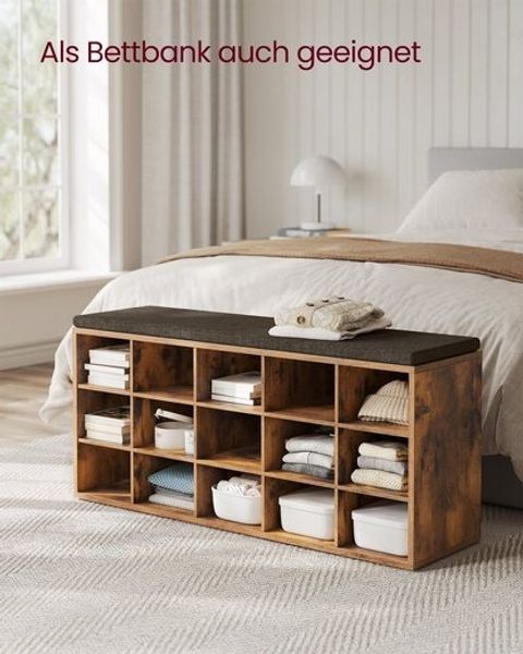 VASAGLE Schuhregal mit Sitzfläche und mit Kissen, Holzspanplatte / Schaumstoff braun, 105 x 30 x 48 cm