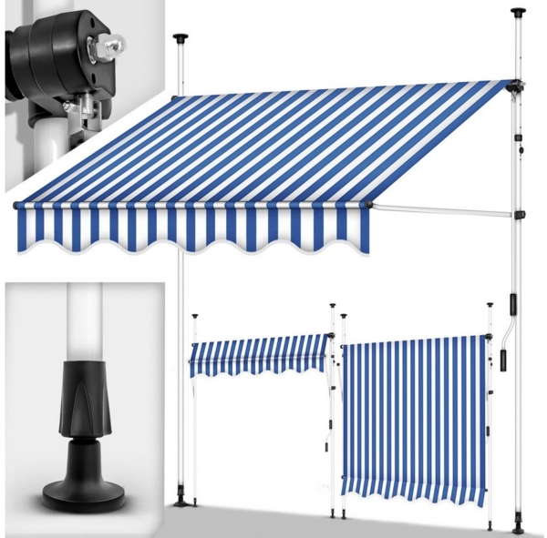 tillvex Balkonmarkise 350 cm Blau/Weiß Gelenkarm Markise Klemmmarkise Sonnenmarkise Balkon ohne Bohren