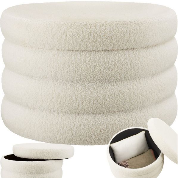 tectake® Hocker mit Stauraum, XL Scandi Sitzhocker Bouclé Teddy Stoff, Pouf, Polsterhocker rund für Schminktisch, Schlafzimmer, Wohnzimmer Möbel, als Flur Möbel, Stauhocker Wohnen - Bouclé Creme-weiß