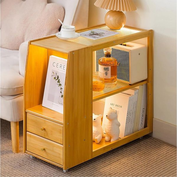 TUWENA Beistelltisch Beistelltisch mit Rollen, Couchtisch Schublade, Nachttisch Stubentisch, Bambus Sofatisch für Wohnzimmer, Schlafzimmer, Balkon, 70 x 30 x 60 cm