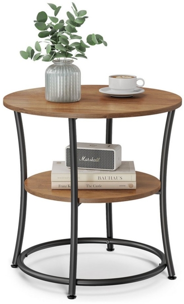 VASAGLE Beistelltisch, Couchtisch rund, Sofatisch, 2 Ablagen, Wohnzimmer, Schlafzimmer, einfacher Aufbau, Stahlrahmen, Industrie-Design, walnussbraun-tintenschwarz