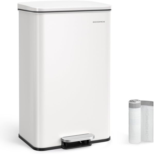SONGMICS Mülleimer Küche, 40 Liter Abfalleimer, großer Tretmülleimer, mit Deckel, aus Stahl, Softclose, inklusive 15 Müllbeutel, weiß LTB540W4002