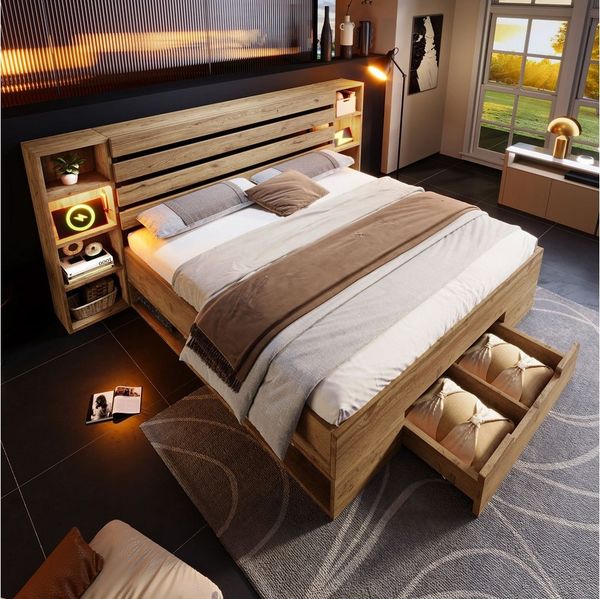 Ulife Massivholzbett Struraumbett Funktionsbett mit LED-Beleuchtung und USB/Type C (Ohne Matratze), Doppelbett, 160x200cm
