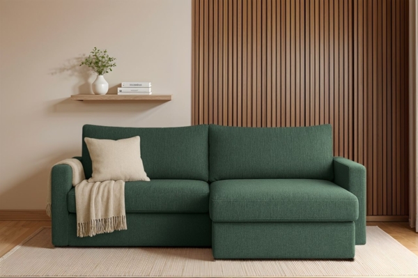 Ecksofa Sofa mit Schlaffunktion BENDIK Stoff Faro Flaschengrün Ottomane Rechts