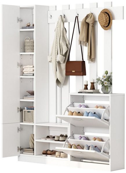 MODFU Garderoben-Set mit integriertem Spiegel, (1-St, 2 unteren Klapptüren-Schuhschränken + 2 Aufbewahrungsschränke), Flurschrank, Hängeschrankregal