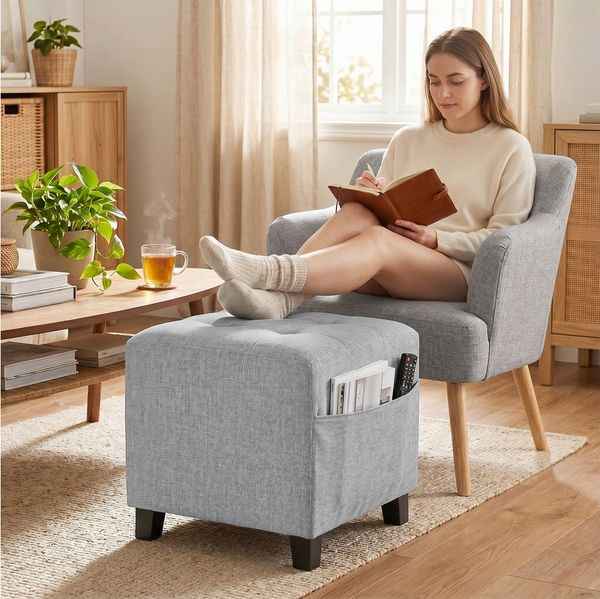 HOMCOM Fußhocker Hocker quadratischer Sitzhocker mit Seitentasche (Ottoman, 1 St, Polsterhocker), für Schlafzimmer, Wohnzimmer, 35 x 35 x 35 cm, Hellgrau