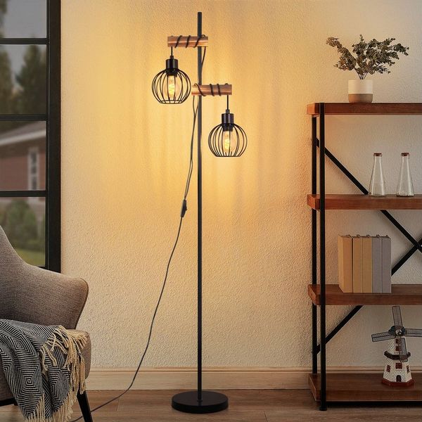 Nettlife Stehlampe Stehleuchte 2 Flammig schwarz Vintage aus Holz 151cm, mit Kippschalter, LED wechselbar, für Wohnzimmer schlafzimmer Esszimmer Büro