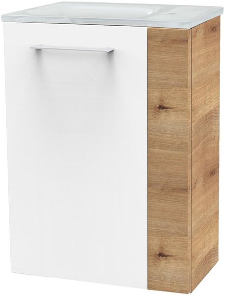 FACKELMANN SBC MILANO Gäste WC Waschtisch Set 45 cm breit, Weiß/Braun hell, Waschbecken Glas Weiß, Türanschlag links