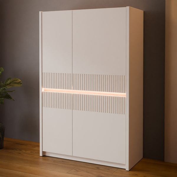 Forte OAK SQUERE Schrank 90 100, eleganter Kleiderschrank mit 2 Türen, Beleuchtung und Lamellendesign, Holzwerkstoff, Mauvella Eiche /Sand, 95,3 cm breit x 146,7 cm hoch x 41,5 cm tief