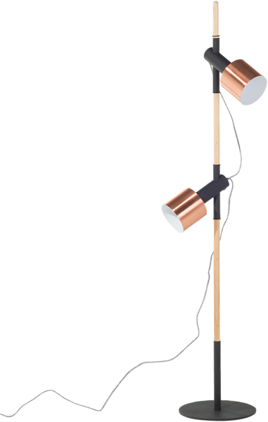 'Owens' Stehlampe Schwarz/Kupfer Metall 125 cm 2-flammig mit Holzgestell höhenverstellbaren Schirmen und 2 Schaltern langes Kabel Industrie Look