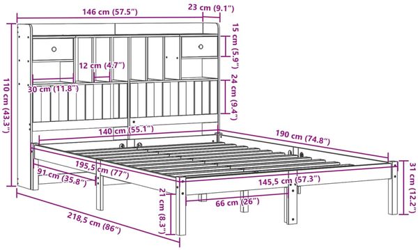 vidaXL Massivholzbett mit Regal ohne Matratze Wachsbraun 140x190 cm 3321640 Bild 11