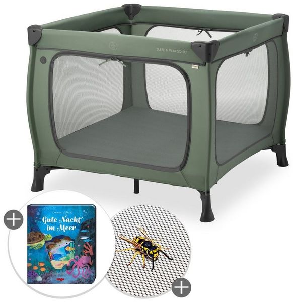 Hauck Baby-Reisebett Sleep N Play SQ Set - Dark Green, Reisebett Laufgitter faltbar mit Matratze und Insektenschutz bis 15 kg