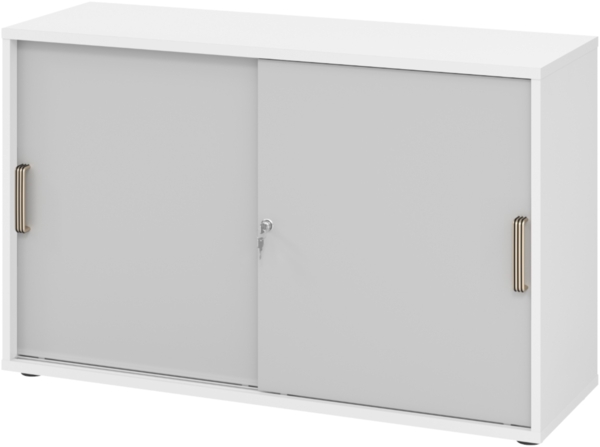 bümö Schiebetürenschrank 2OH - Aktenschrank abschließbar, Sideboard Schrank mit Schiebetüren in Weiß/Grau, Streifengriff - Büroschrank aus Holz mit Schiebetür, Büro Kommode für Ordner & Co, 1752S-W-5-SG
