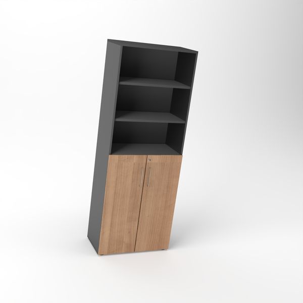 Rheinland Möbel Flügeltürenschrank Cabino 80×42×216 cm – abschließbarer Aktenschrank 3OH mit Regalaufsatz 3OH in Graphit/Nussbaum mit 110° Drehtüren & Metallgriff